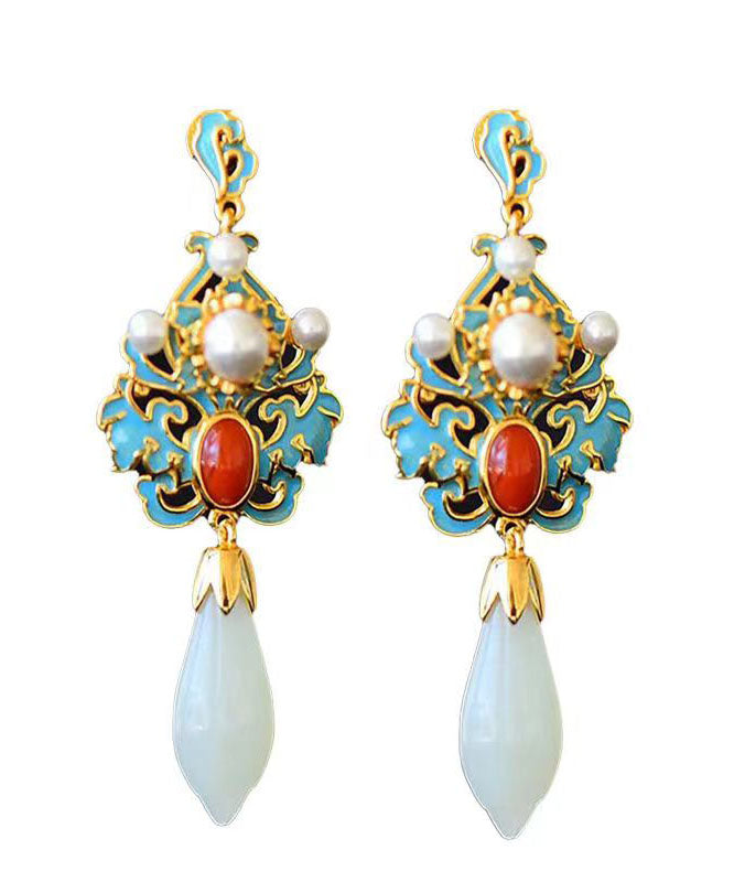 Regular Sterling Sliver Overgild Pearl Cloisonne Jade Agate Drop Earrings