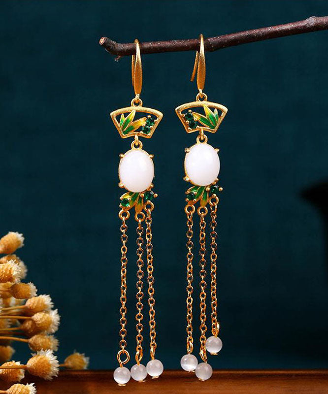 Regular White Copper Overgild Jade Enamel Tassel Drop Earrings