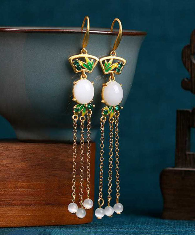 Regular White Copper Overgild Jade Enamel Tassel Drop Earrings