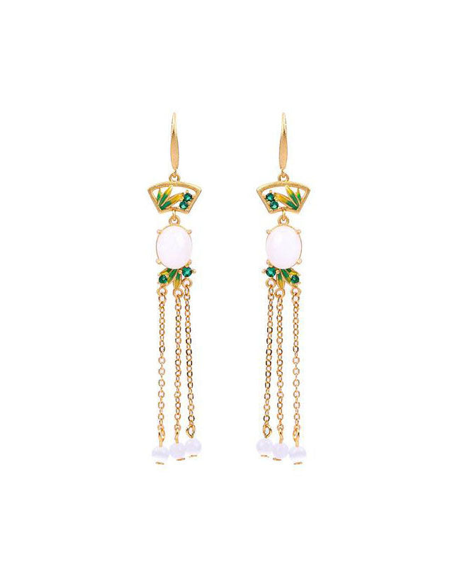 Regular White Copper Overgild Jade Enamel Tassel Drop Earrings