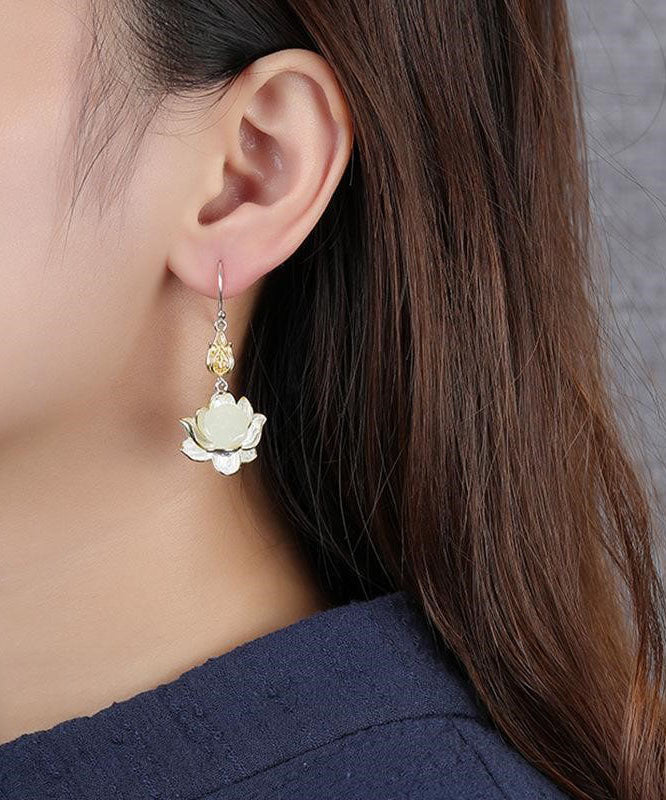 Regular White Sterling Silver Jade Lotus Drop Earrings