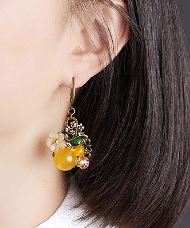 Regular Yellow Copper Pearl Coloured Glaze Oil Drip Floral Drop Earrings