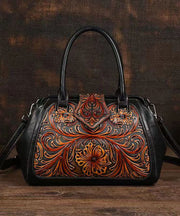 Retro Apricot Colored Cowhide Handmade Carved Handbag