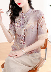 Retro Apricot Stand Collar Tasseled Print Linen Two Pieces Set Summer