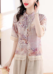 Retro Apricot Stand Collar Tasseled Print Linen Two Pieces Set Summer