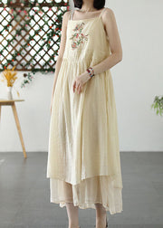 Retro Beige Embroideried Wrinkled Patchwork Long Linen Sundress Summer