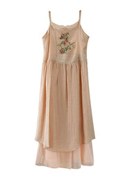 Retro Beige Embroideried Wrinkled Patchwork Long Linen Sundress Summer