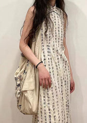 Retro Beige Stand Collar Print Side Open Cotton Dress Sleeveless