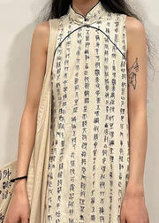 Retro Beige Stand Collar Print Side Open Cotton Dress Sleeveless