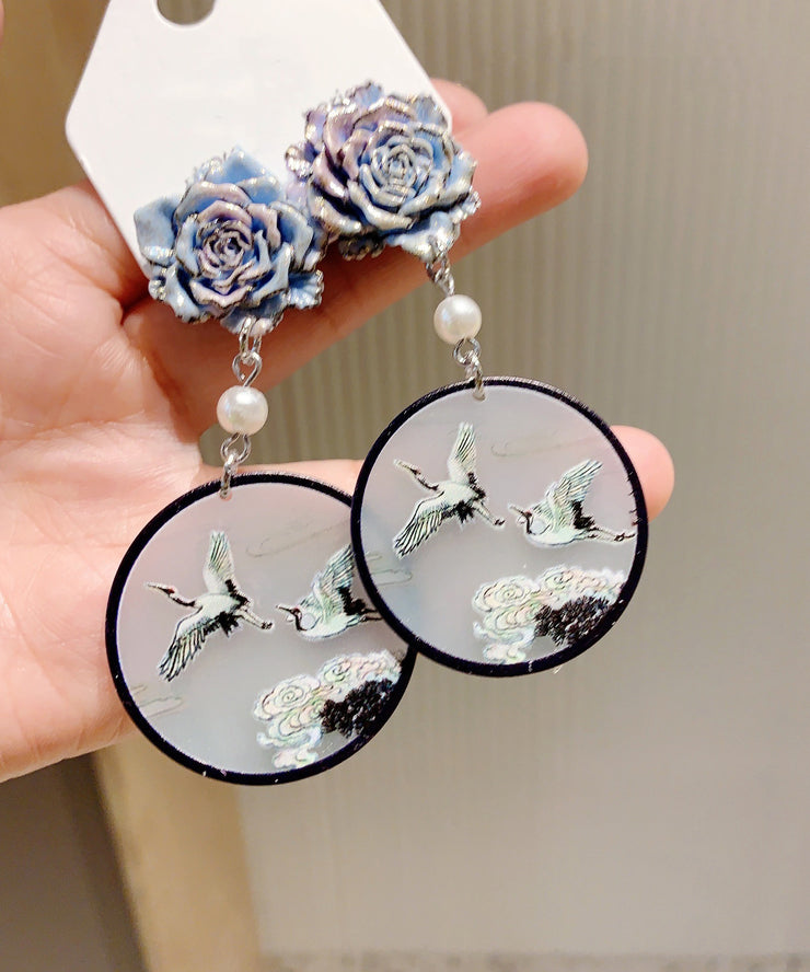 Retro Black Acrylic Pearl Floral Drop Earrings
