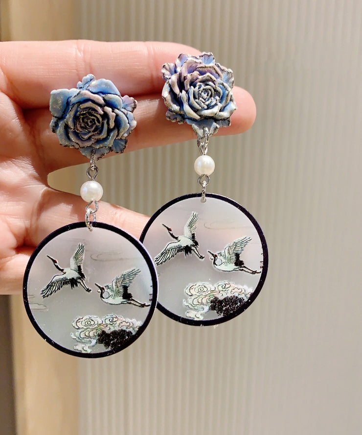 Retro Black Acrylic Pearl Floral Drop Earrings
