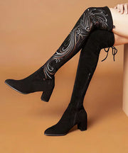 Retro Black Chinese Style Embroidered Chunky Knee Boots