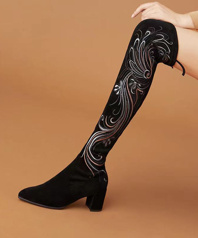 Retro Black Chinese Style Embroidered Chunky Knee Boots