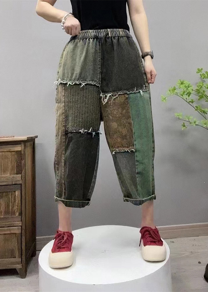 Retro Black Elastic Waist Patchwork Cozy Denim Straight Pants Summer