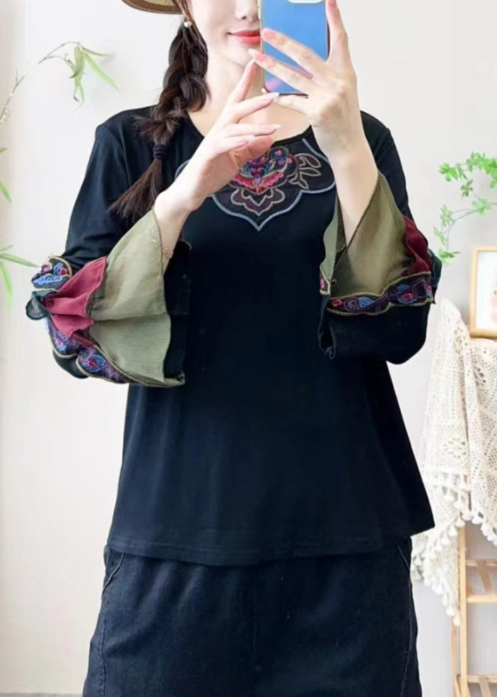 Retro Black Embroidered Floral Tulle Patchwork Shirt Bracelet Sleeve