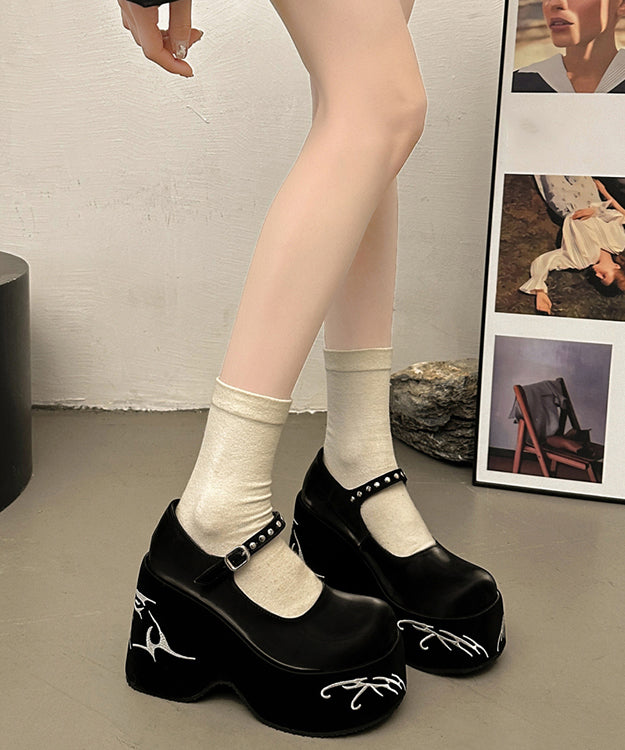 Retro Black Embroidery Comfortable Buckle Strap Chunky High Wedge Heels Shoes