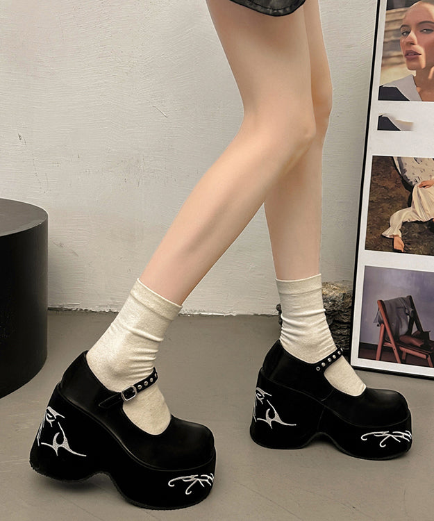 Retro Black Embroidery Comfortable Buckle Strap Chunky High Wedge Heels Shoes