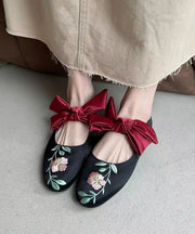 Retro Black Embroidery Satin Bow Lace Up Flats Shoes