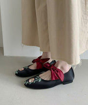 Retro Black Embroidery Satin Bow Lace Up Flats Shoes