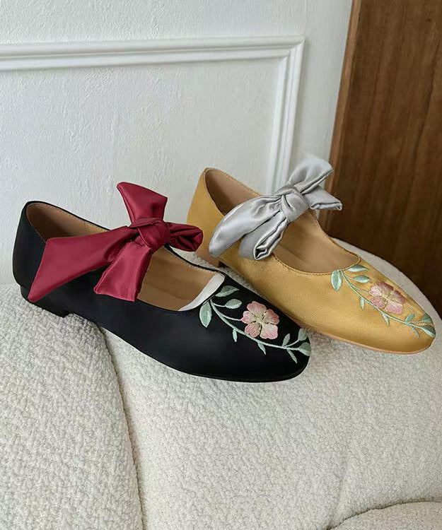 Retro Black Embroidery Satin Bow Lace Up Flats Shoes