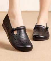 Retro Black Flat Feet Shoes Cowhide Leather Hollow Out