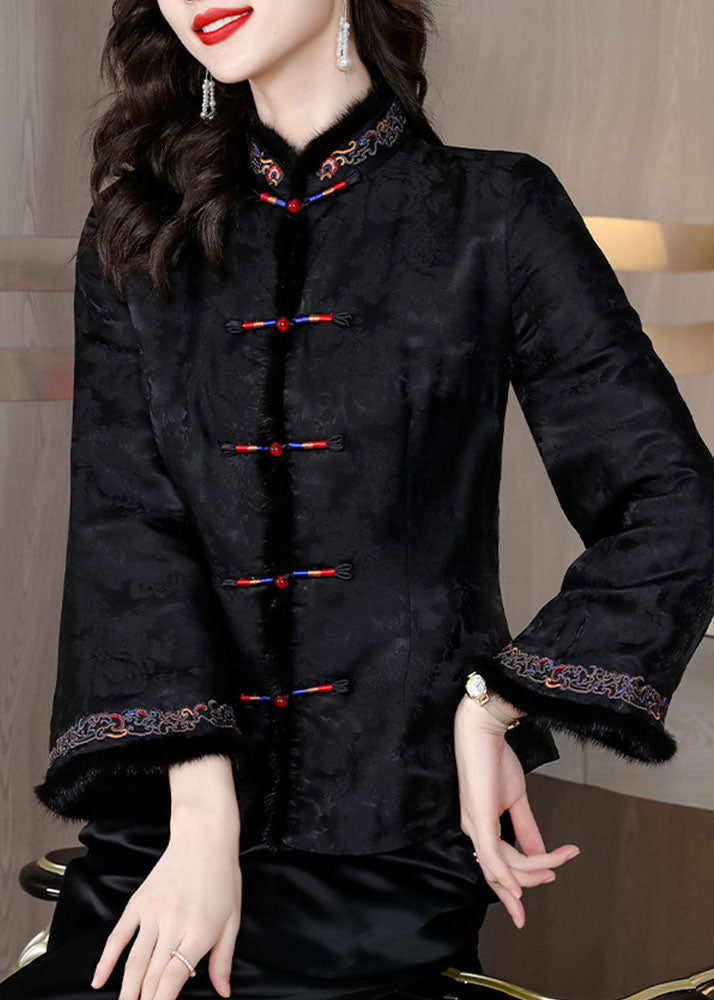 Retro Black Fur Collar Embroidered Button Silk Coats Long Sleeve