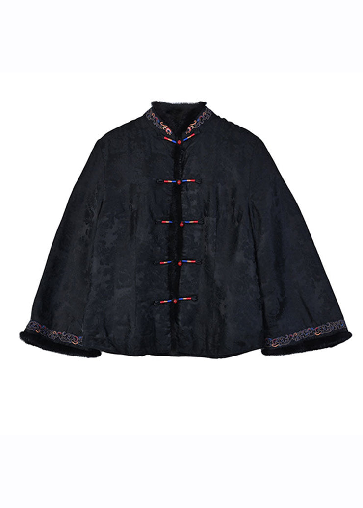 Retro Black Fur Collar Embroidered Button Silk Coats Long Sleeve