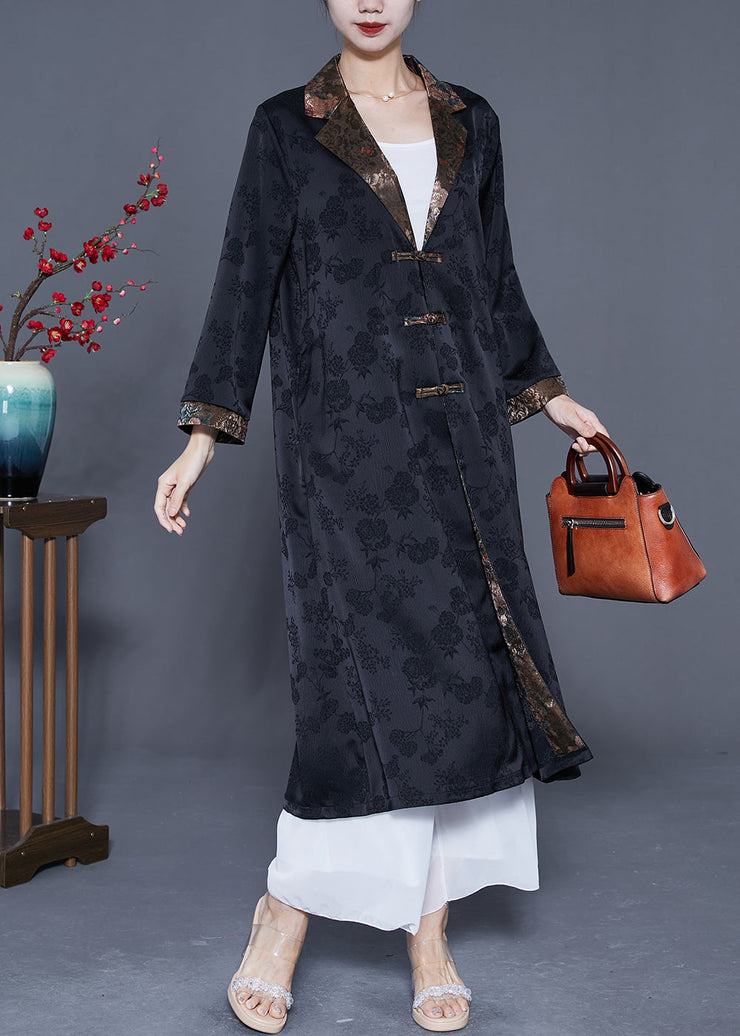 Retro Black Notched Patchwork Chinese Button Silk Trench Coats Spring