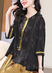 Retro Black O Neck Print Loose Silk Shirt Top Spring