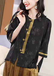 Retro Black O Neck Print Loose Silk Shirt Top Spring