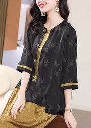 Retro Black O Neck Print Loose Silk Shirt Top Spring