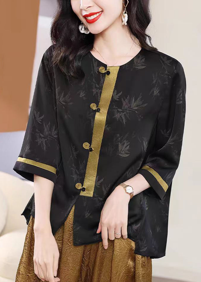 Retro Black O Neck Print Loose Silk Shirt Top Spring