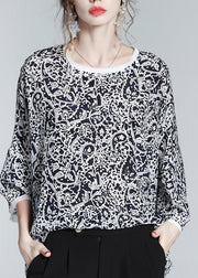 Retro Black O-Neck Print Silk Shirts Long Sleeve