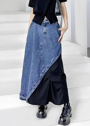 Retro Black Patchwork High Waist Pockets Denim Skirt Summer