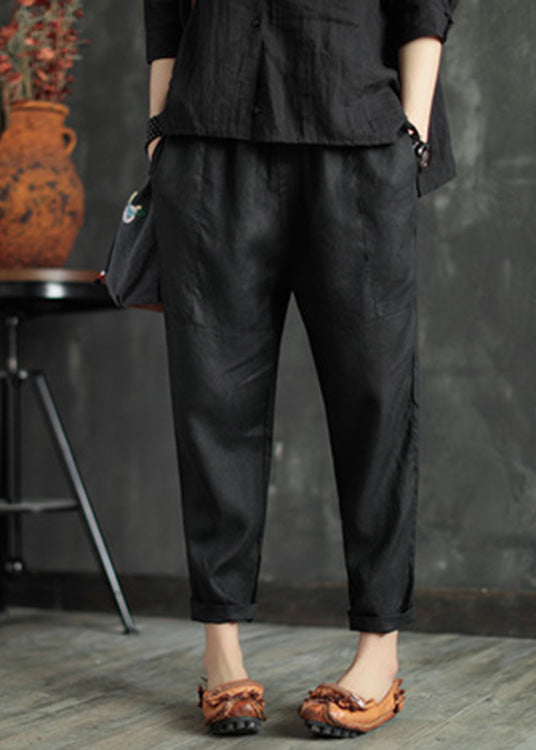 Retro Black Patchwork Pockets Solid Linen Beam Pants Summer