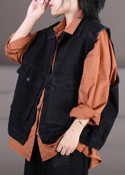 Retro Black Peter Pan Collar Patchwork Button Denim Waistcoat Fall