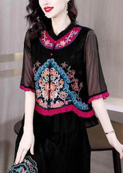 Retro Black Ruffled Embroidered Button Patchwork Chiffon Tops Summer