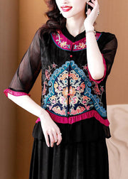 Retro Black Ruffled Embroidered Button Patchwork Chiffon Tops Summer