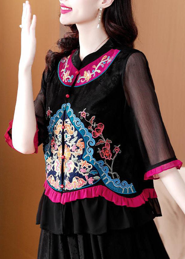 Retro Black Ruffled Embroideried Button Patchwork Chiffon Tops Summer