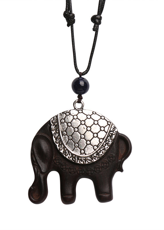 Retro Black Sandalwood Hand Knitting Alloy Elphant Pendant Necklace