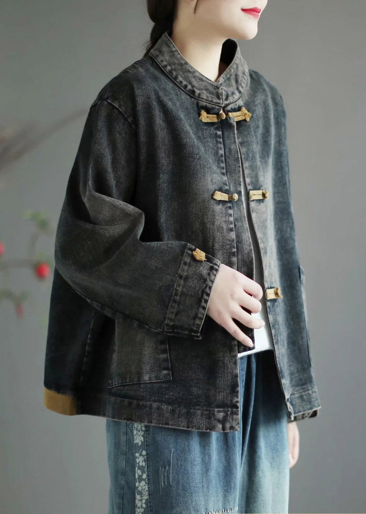 Retro Black Stand Collar Patchwork Denim Coat Spring