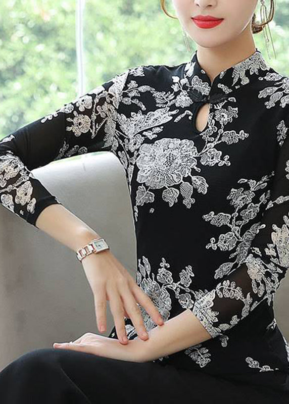 Retro Black Stand Collar Print Button Tulle Tops Bottoming Shirt