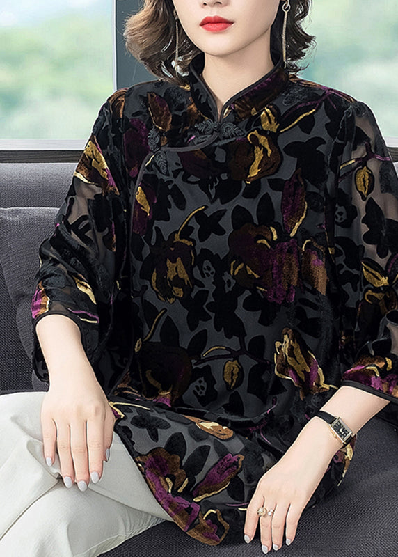 Retro Black Stand Collar Print Hollow Out Button Velour Shirt Long Sleeve