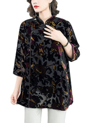 Retro Black Stand Collar Print Hollow Out Button Velour Shirt Long Sleeve