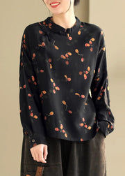 Retro Black Stand Collar Print Oriental Button Cotton Shirt Spring