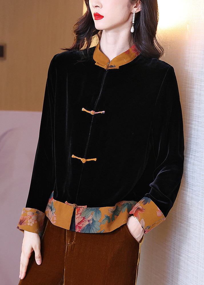 Retro Black Stand Collar Print Patchwork Button Velour Coats Long Sleeve