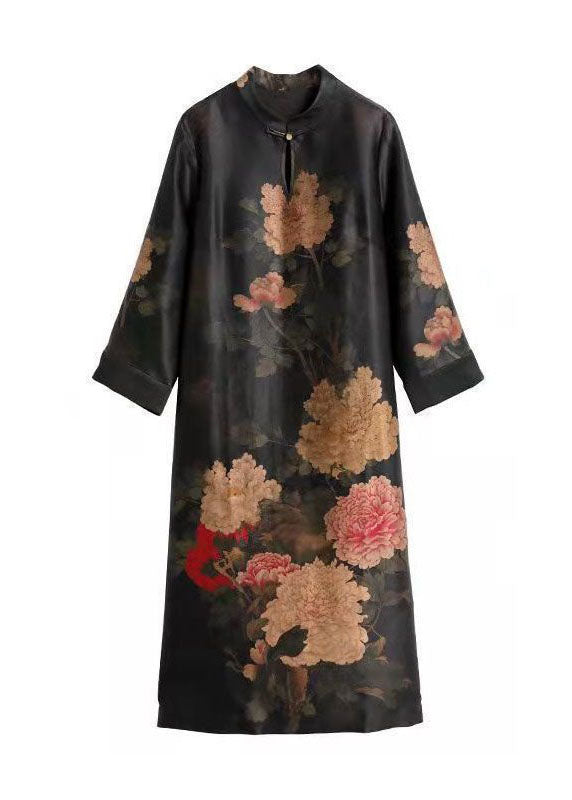 Retro Black Stand Collar Print Patchwork Silk Dresses Summer