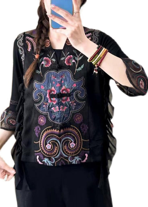 Retro Black V Neck Embroideried Ruffled Silk Waistcoat Sleeveless