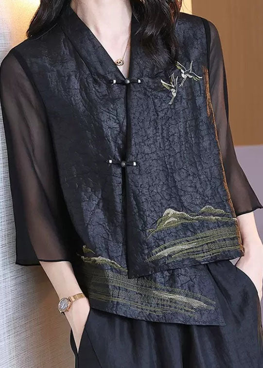 Retro Black V Neck Patchwork Chinese Button Silk Coats Bracelet Sleeve