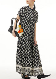 Retro Black Wrinkled Print Patchwork Long Chiffon Dress Summer